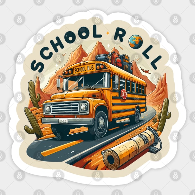 School Bus On An Adventurous Road Trip, School Roll Sticker by Vehicles-Art